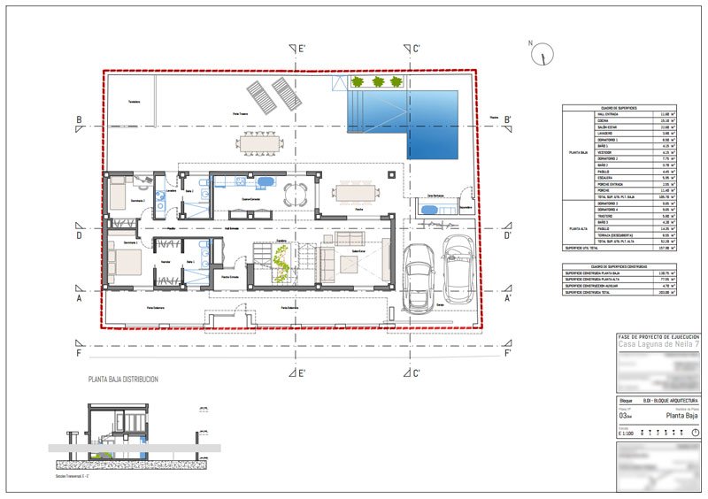 Plano de delineación y desarrollo de planta baja de casa en Jerez diseñado por Ingeark